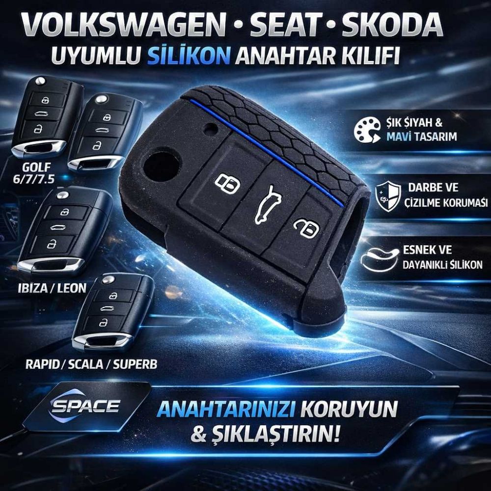 SPACE Volkswagen Golf 6/7/7.5 – Seat Ibiza Leon – Skoda Rapid Scala Superb Uyumlu Silikon Anahtar Kılıfı Siyah Mavi Çizgili Koruyucu Anahtarlık Kapağı