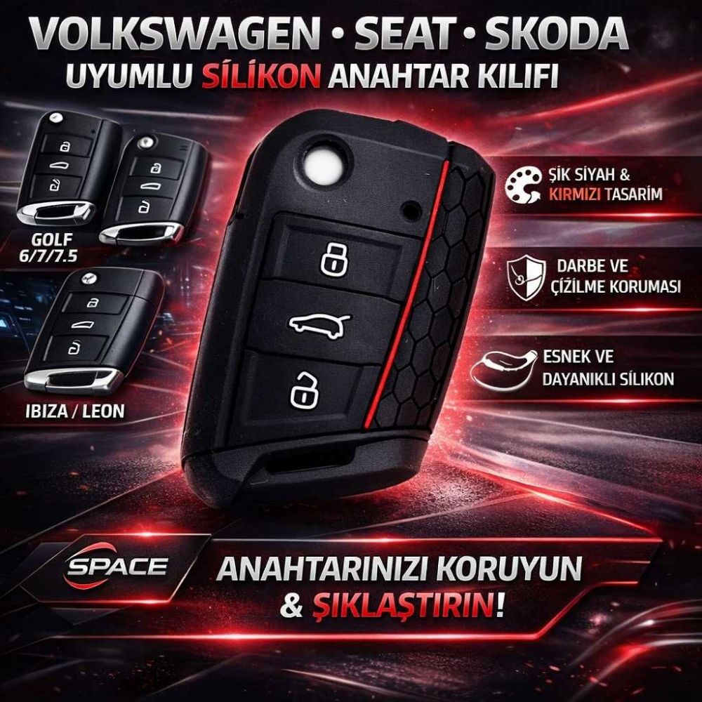 SPACE Volkswagen Golf 6 / 7 / 7.5 – Seat Ibiza Leon – Skoda Rapid Scala Superb Uyumlu Siyah Kırmızı Çizgili Silikon Anahtar Kılıfı Koruyucu 
