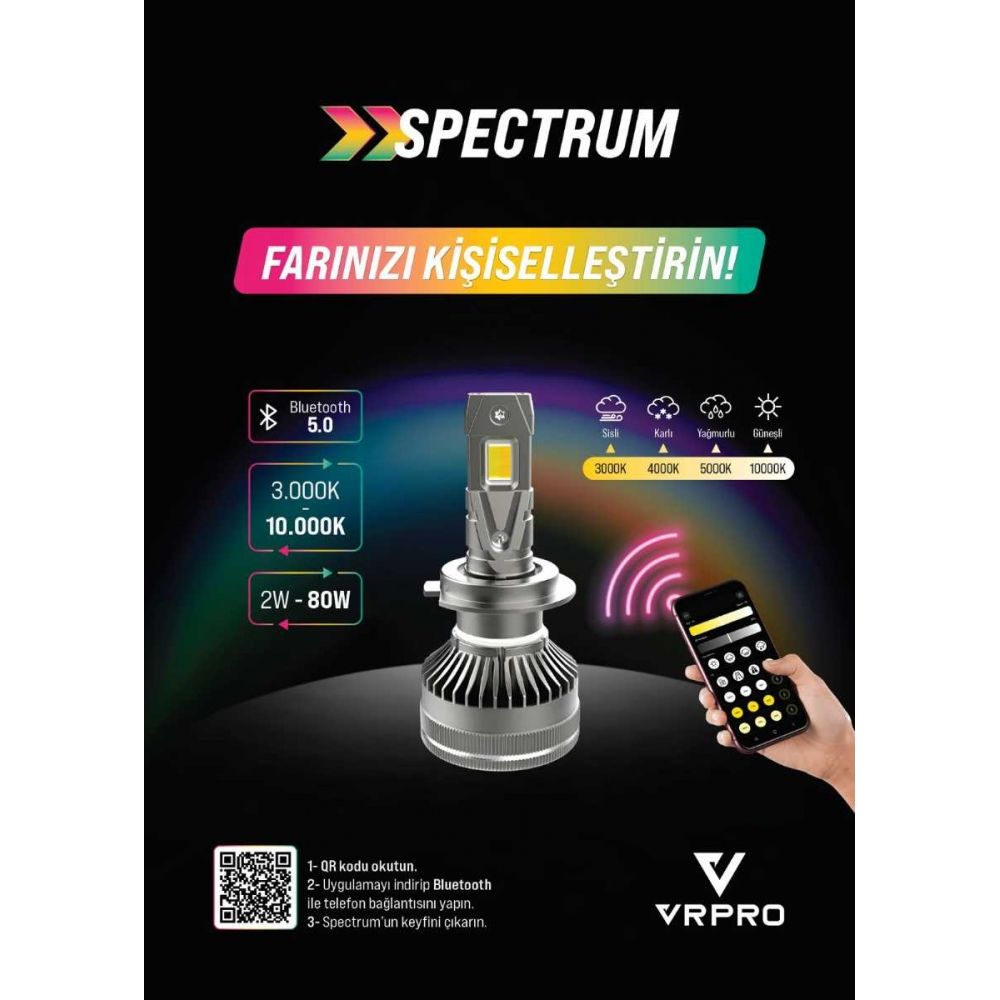 VRPRO Spectrum H7 LED Xenon Far Ampulü 12-24V Uygulama Kontrollü 3000K-10000K Ayarlanabilir Renk IP68 CSP Çip Yüksek Performans Far Ampul Seti