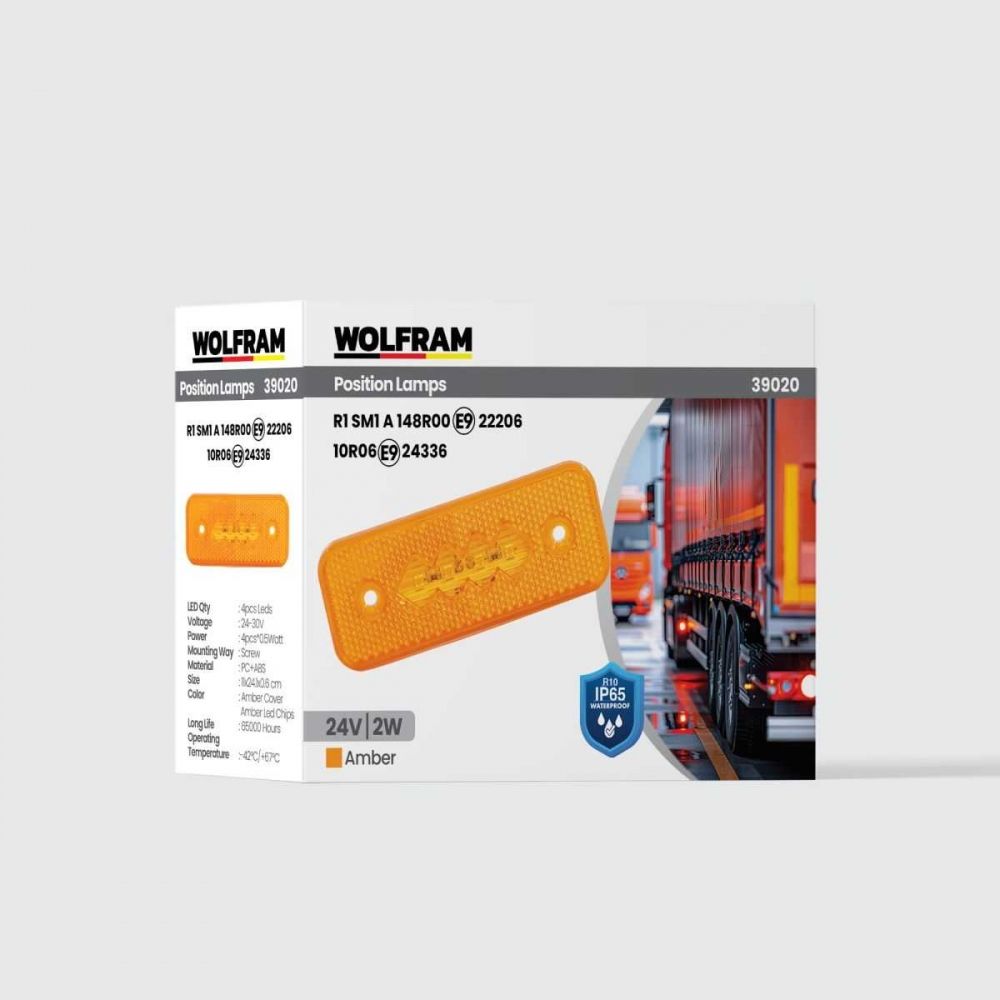Wolfram Side Marker Sarı 24V 2W E Belgeli – Tır Kamyon Römork Yan Pozisyon Lambası, Amber LED Uyarı Aydınlatma, Su Geçirmez Mini Lamba