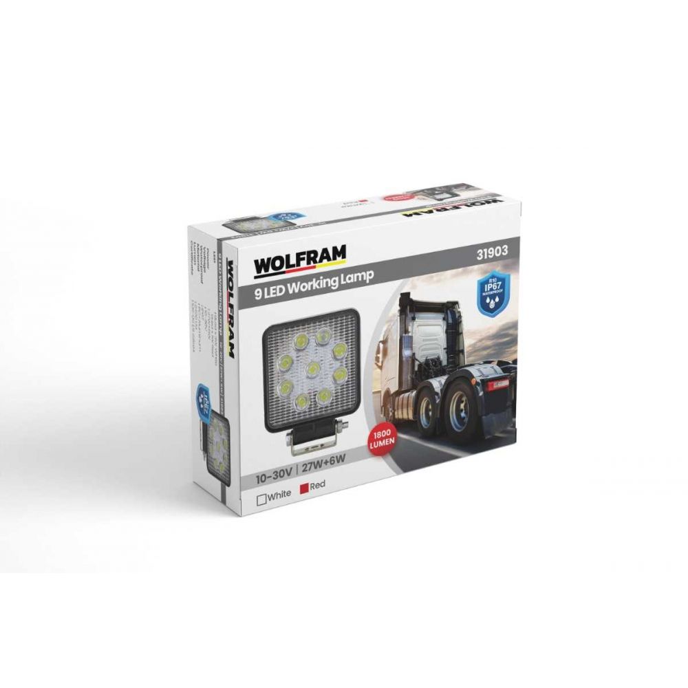 Wolfram 9 LED Çalışma Lambası Beyaz + Kırmızı Işık E Belgeli 10V-30V 27W + 6W Off Road Çift Fonksiyon LED Projektör