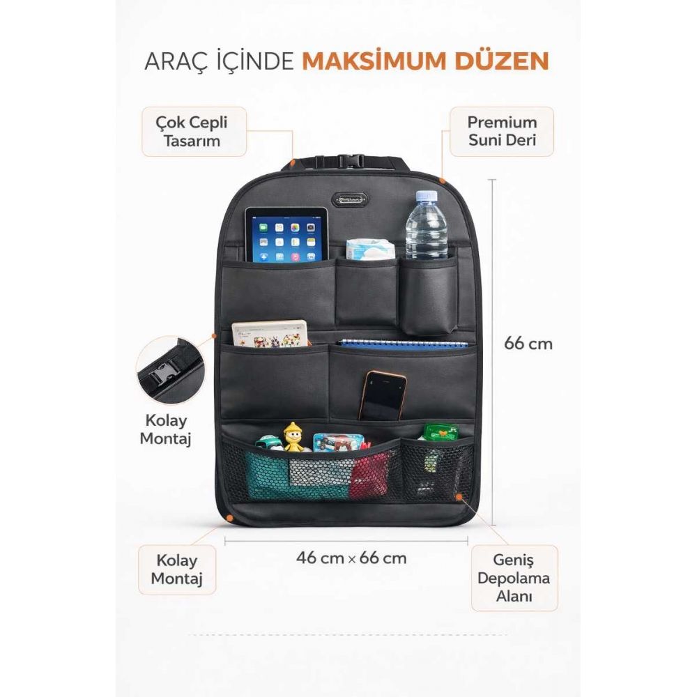 Space Koltuk Arkası Organizer Suni Deri Siyah – Araç İçi Düzenleyici Çanta 46x66 cm Çok Cepli Oto Koltuk Arkası Organizer