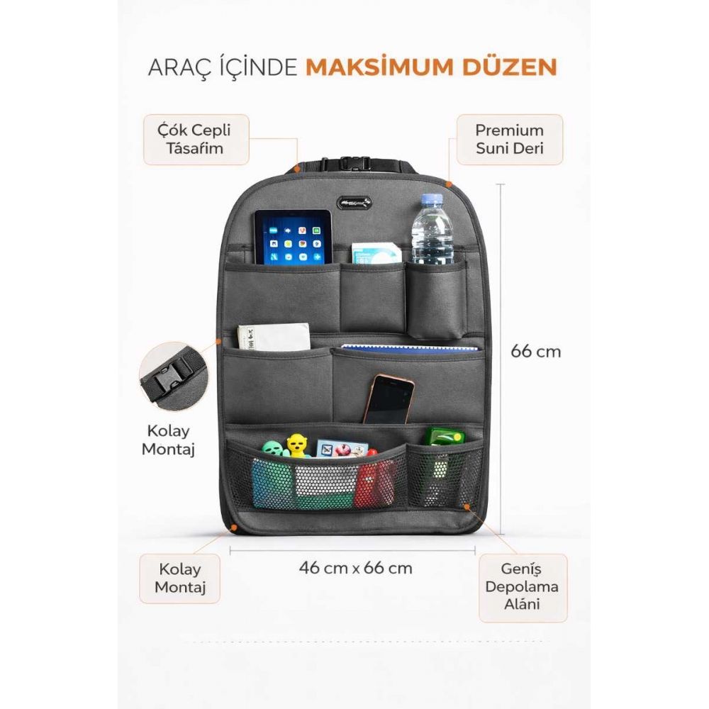 Space Koltuk Arkası Organizer Suni Deri Gri – Araç İçi Düzenleyici Çok Cepli Oto Koltuk Arkası Organizer Çanta 46x66 cm